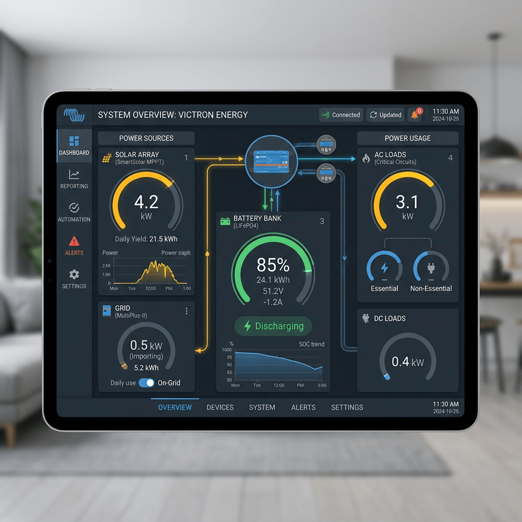 Victron Energy dashboard showing solar, battery, grid, and load power readings