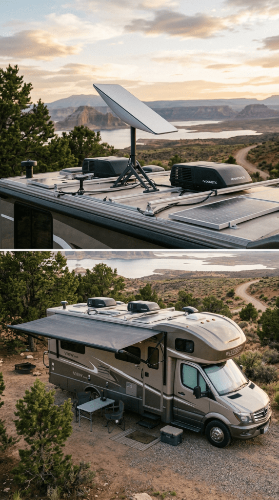 Motorhome with satellite dish and solar panels overlooking a canyon lake